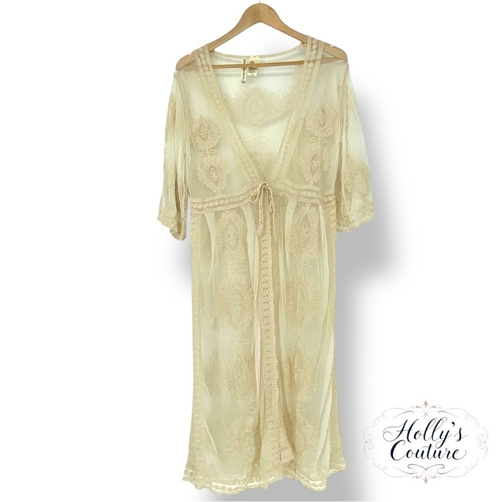 Forgotten Grace Beautiful Long Line Cardigan Or Duster Shear Cream Size Sm - Med